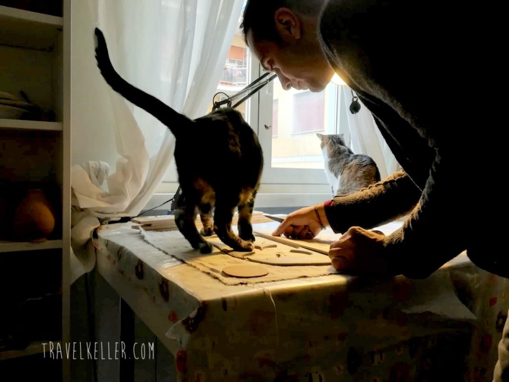David, Flavio e le gatte in casa, tra vita domestica e lavoro